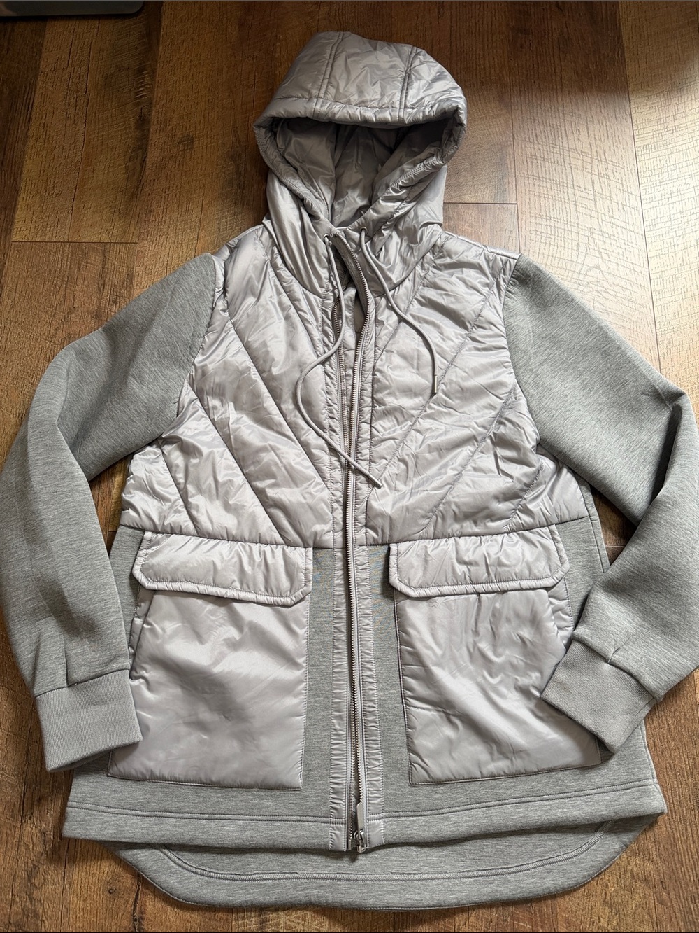 Zella Light Gray Quilted Hooded Puffer Jacket